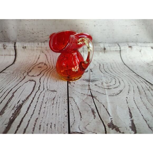 Vintage Hand Blown Crackle Glass Amberina Mini Pitcher Creamer Applied Handle 3" - Picture 6 of 7